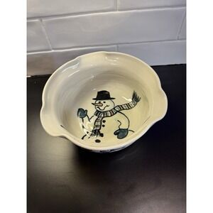 Pottery Hand Made And Painted Snowman Bowl AllOver 8.5" Winter Wonderland Signed